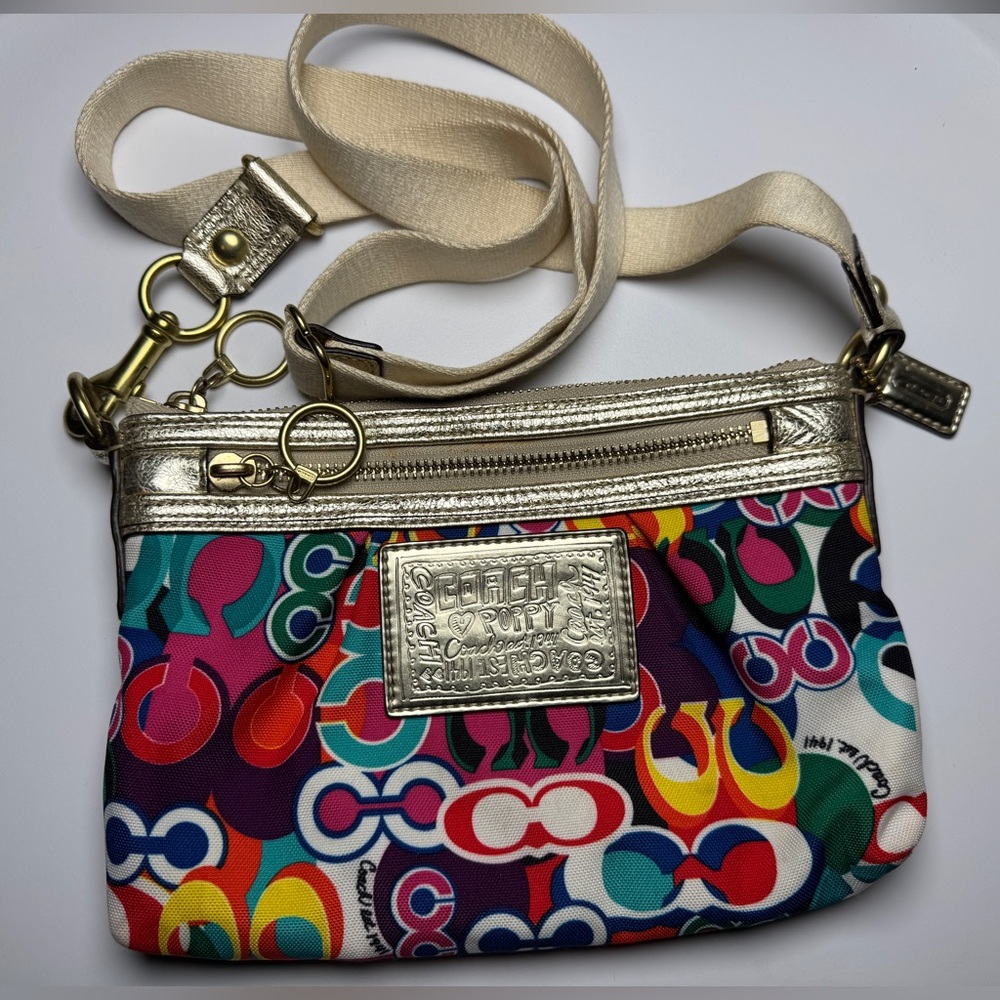 Vintage Coach Poppy Multicolor Signature Crossbody Bag – Gold Trim